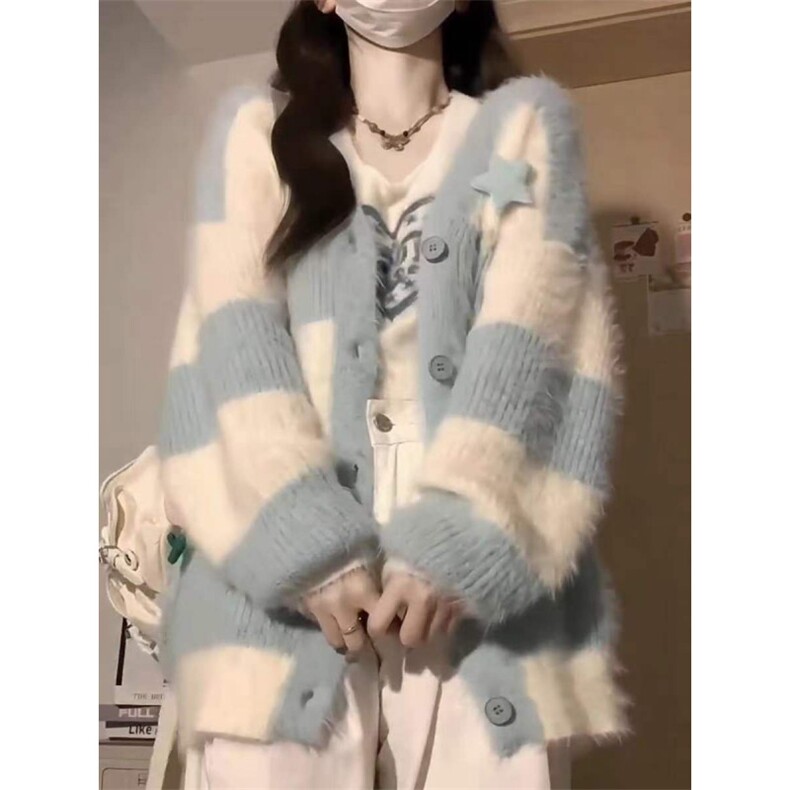 MM134-P68盐系少女软糯v领条纹撞色毛衣外套秋冬慵懒风百搭针织,针织衫/毛衣,星座617A-2