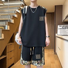 夏季背心短裤两件套拼接套装男刺绣休闲运动套装A266-TZ2208-P46，男装牛仔裤，电商A266