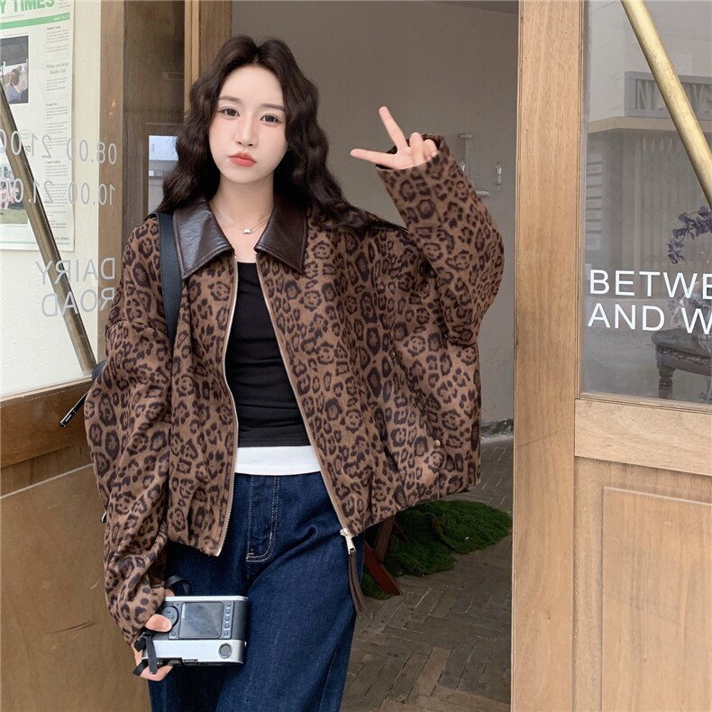 美式复古豹纹外套女短款2025秋季新款今年流行百搭小个子夹克上衣,女装短外套,2C213