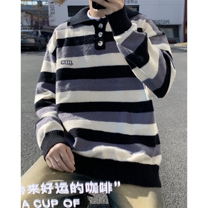 B277-P52 2024秋冬条纹撞色毛衣男士新款高级感潮牌针织衫外套图片
