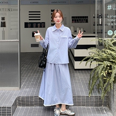 小清新蓝色条纹衬衫半身裙套装女春秋ootd穿搭两件套大方得体穿搭，女装套装/套裙，2D080