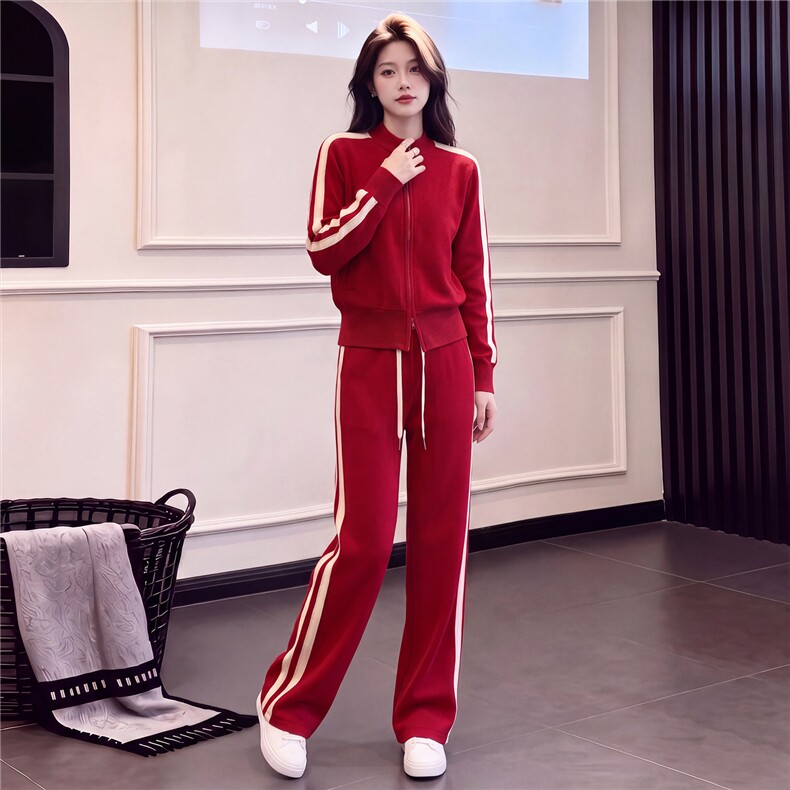 纯色运动套装女秋季新款时尚洋气高端拉链卫衣休闲阔腿长裤两件套,女装套装/套裙,江南