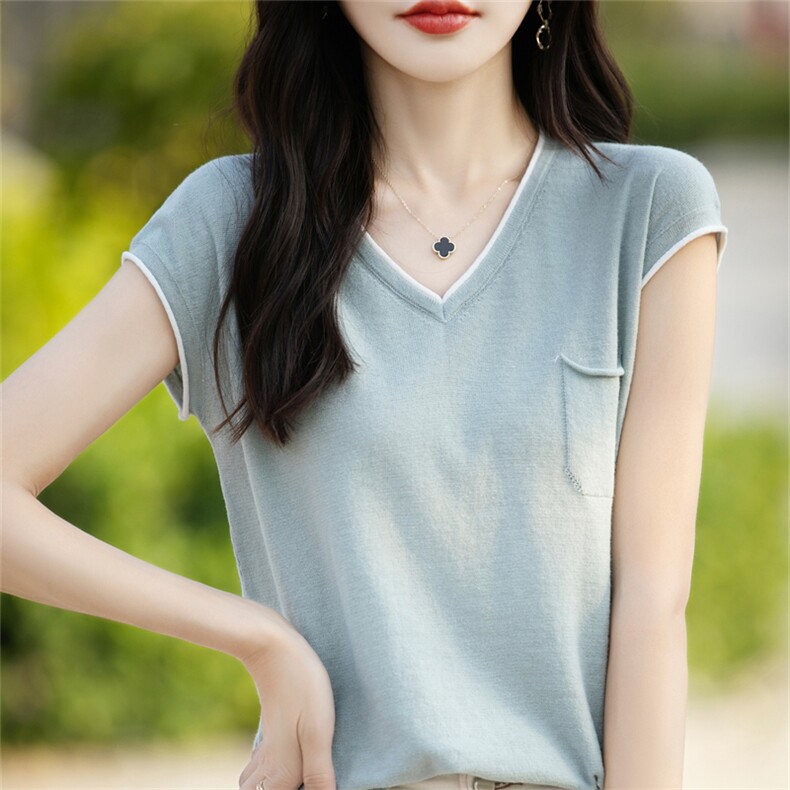 V领拼色100%纯棉针织短袖女夏季新款带兜T恤开叉上衣宽松半袖打底,针织衫/毛衣,斯美雅电商供货