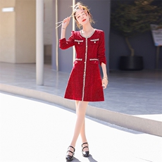 春秋款长袖亮丝连衣裙女装高端名媛时尚高级感显瘦小香风内搭裙子，女装连衣裙，丽美静依