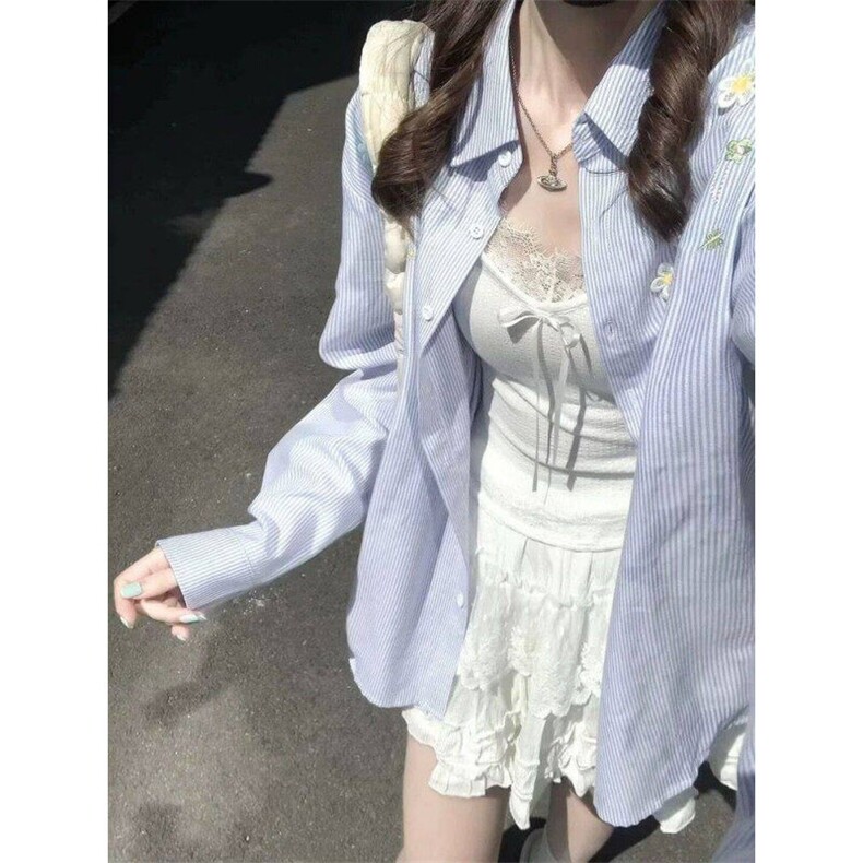 花朵刺绣蓝色条纹衬衫女叠穿宽松遮肉长袖衬衣上衣潮513CS1906P35,男装衬衫,星座513