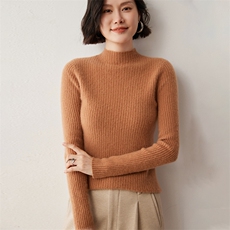 秋冬新款坑条山羊绒衫女半高领套头羊绒毛衣修身内搭针织打底衫，女装羊绒衫，蒂暖羊绒