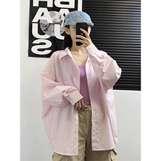 TC778-P45粉色竖条纹宽松慵懒风甜美少女防晒长袖衬衣百搭上衣，男装防晒衣，星座617A-2