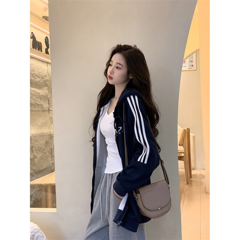 EE045-P65卫衣男女情侣装薄款2024潮条纹拉链开衫外套连帽上衣,女装短外套,星座911-3