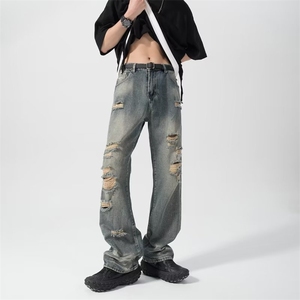 美式高街vibe潮牌破洞牛仔裤男夏款宽松设计感复古裤子N0990-P50图片