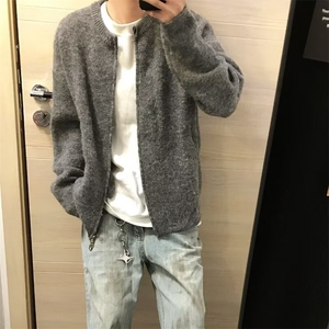 美式复古灰色开衫毛衣外套男高级感慵懒风针织衫cleanfit短款夹克图片