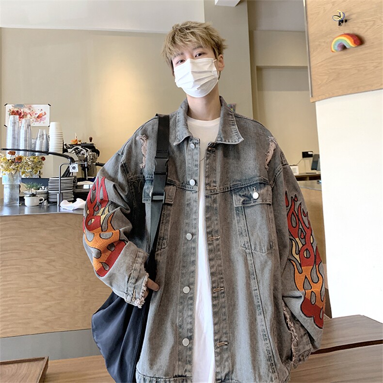 美式复古水洗破坏毛边火焰刺绣牛仔外套潮男女款秋季新款宽松夹克,男装夹克,星座505-2（原电商A260-1)