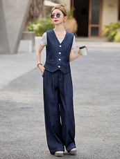 欧货时尚牛仔套装女高级感2025春夏新款气质显瘦马甲阔腿长两件套，女装套装/套裙，衣之秀