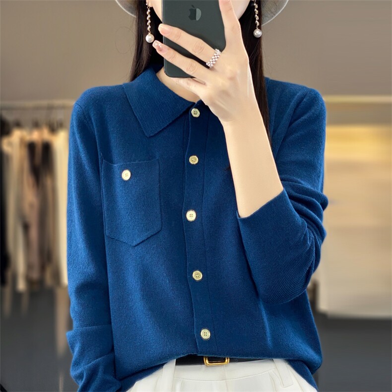 鄂尔多斯市翻领羊毛针织开衫外套女宽松薄款春秋新款毛衣外搭图片