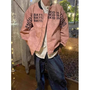 美式复古潮牌横向字母夹克外套撞色女棒球服重磅高街开衫图片