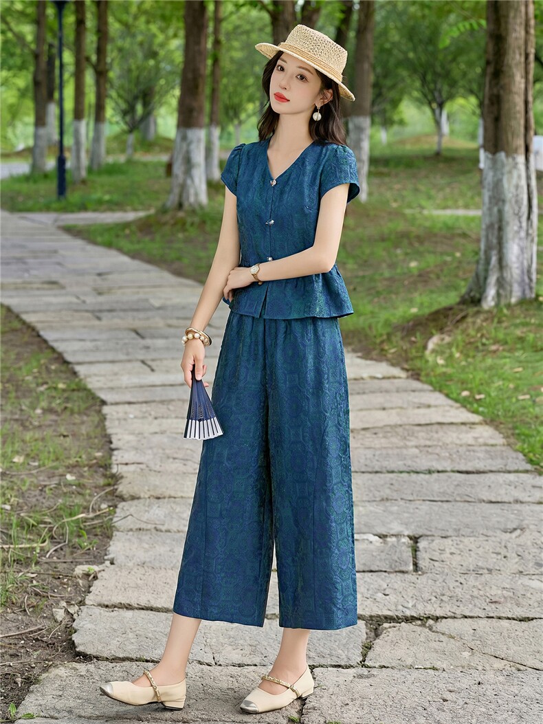 现货2026夏季新中式老钱风提花新款套装两件套套装,女装套装/套裙,伊仟回