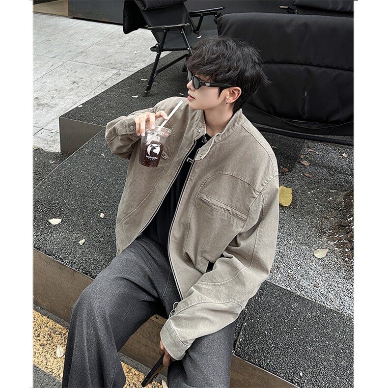 水洗纯棉立领牛仔外套男2024春秋季新款复古潮牌拉链短款纯色夹克,男装工装外套,星座410-7