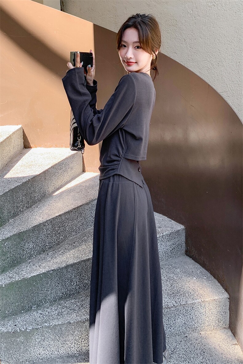 法式气质设计感修身上衣套装女2025春秋季新款显瘦高腰长裙两件套,女装套装/套裙,C位