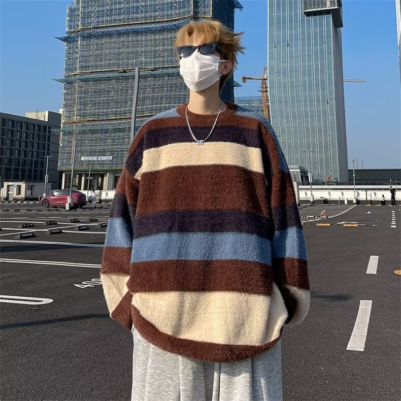 冬季撞色条纹软糯水貂绒加厚毛衣男女潮牌情侣外穿套头7179P54,男装针织衫/毛衣,星座410-2