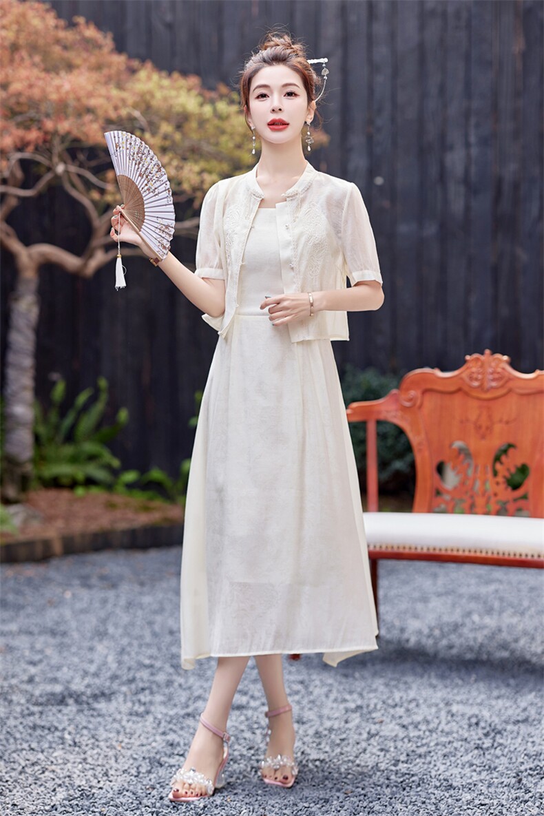 新中式国风改良旗袍套装女2025夏季新款时尚提花吊带连衣裙两件套,女装套装/套裙,慕依路