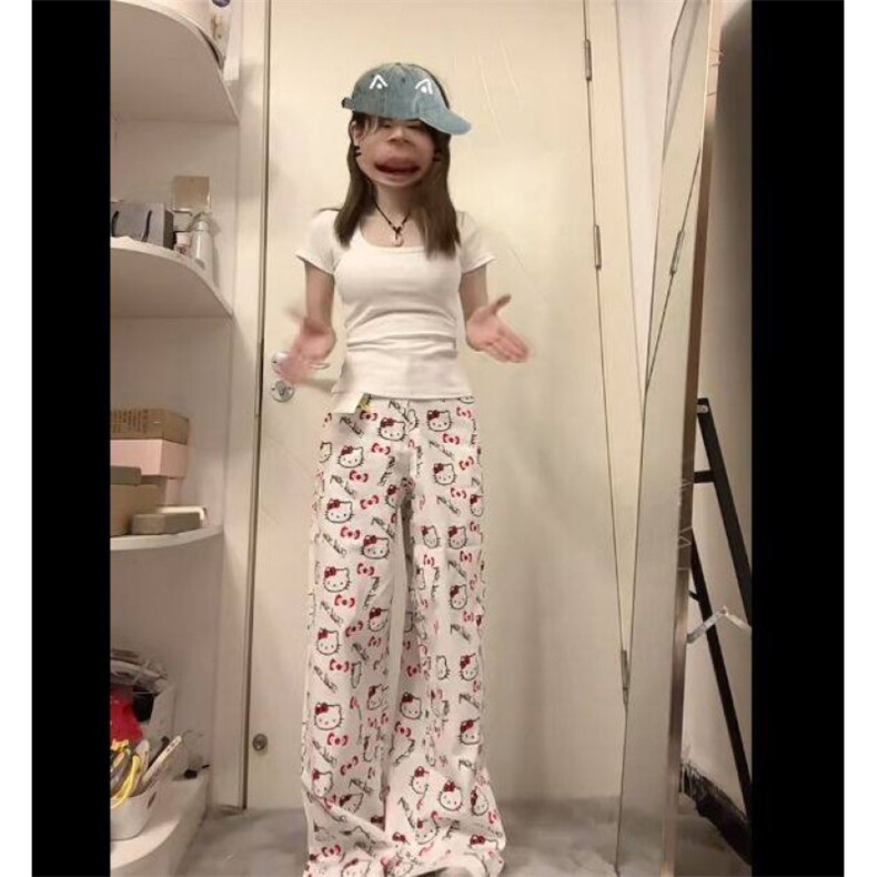 AK2343-P60美式复古kt猫满印休闲裤百搭宽松阔腿长裤潮，女装休闲裤，星座617A-2