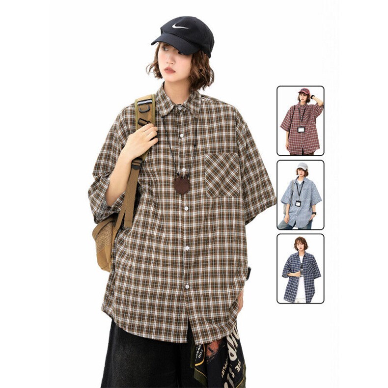 慵懒感格纹短袖衬衫男女夏季美式cleanfit宽松休闲衬衣潮929P45，女装衬衫，星座710