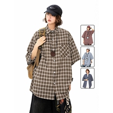 慵懒感格纹短袖衬衫男女夏季美式cleanfit宽松休闲衬衣潮929P45，女装衬衫，星座710