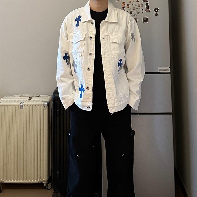 LH999-P70 新款潮流情侣美式个性拼皮十字架男士牛仔外套时尚图片