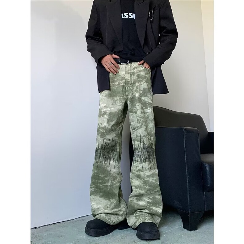 美式迷彩微喇休闲牛仔裤男风宽松百搭刺绣高街阔腿长裤潮7785/P48图片