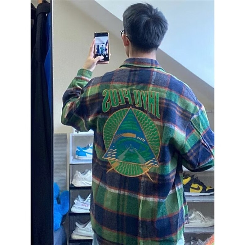 C221-P55日系潮流格子衬衫男宽松潮牌绣花学生加厚重磅衬衣,男装衬衫,电商B323A