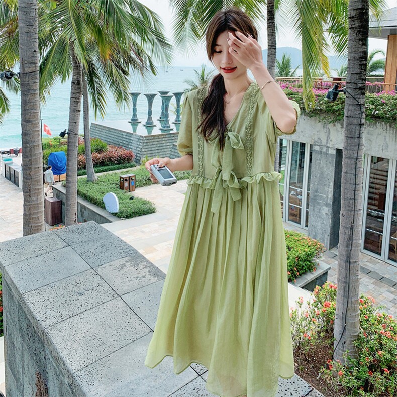 【现货夏装】绿色蕾丝花边拼接蝴蝶结连衣裙2C158-8386-P120-K178,女装连衣裙,2C158