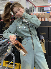 （新款现货）2026春装时尚休闲复古色立领拉链工装阔腿牛仔连体裤，女装连体裤，印象茜