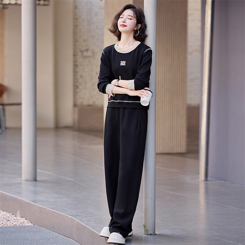 黑色卫衣套装女2024春秋新款百搭撞色刺绣上衣宽松阔腿拖地卫裤,女装卫衣/绒衫,梦懿尔