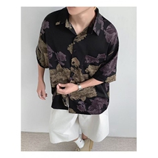 300斤夏威夷冰丝薄款印花衬衫夏季休闲ins痞帅风短袖沙滩衬衣男，男装T恤，四季星座505