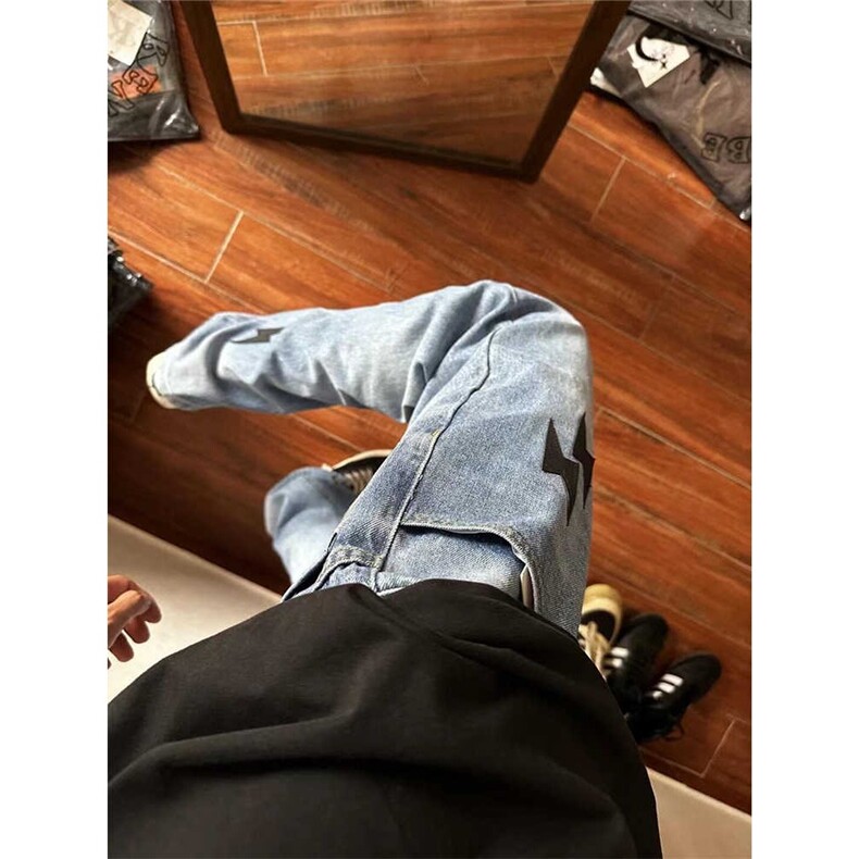 美式复古牛仔裤男春秋潮牌高街vibe风裤子闪电直筒裤LGT8322-P43,男装牛仔裤,星座1008