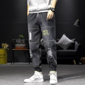 2021春季新日系大码男字母印花破洞拼接束脚九分牛仔裤N8102-P55图片