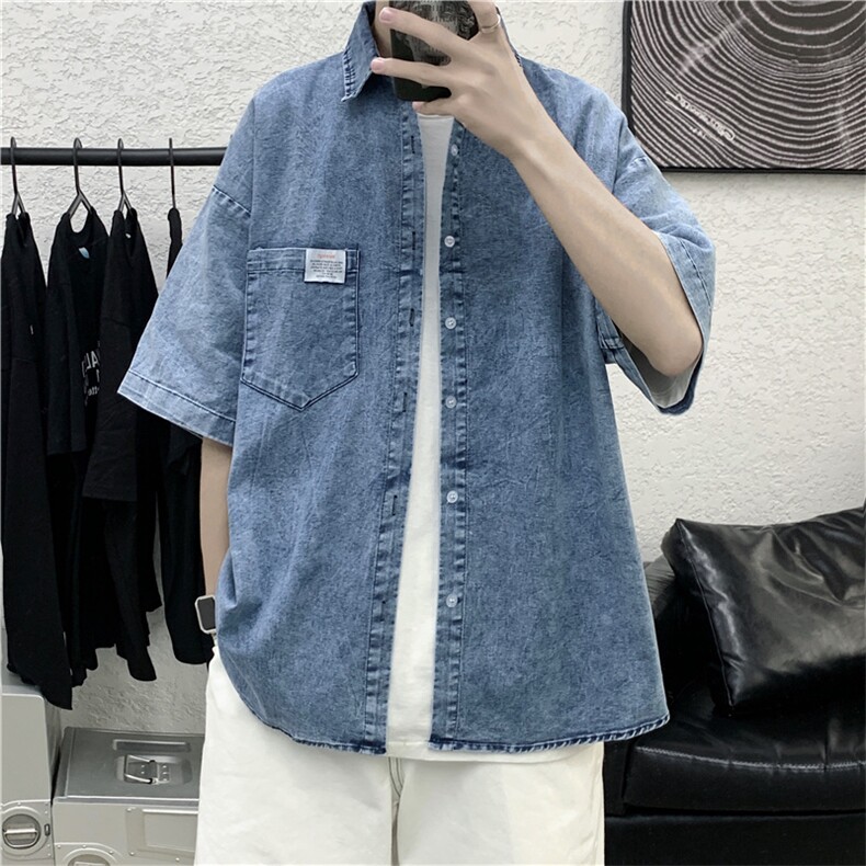 新款ins牛仔短袖衬衫男夏季薄韩版潮流宽松衬衣外套bfW791-P40,男装衬衫,星座512-2