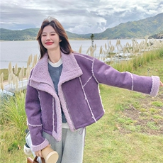2025冬季女装新款时尚立领长袖宽松短上衣皮毛一体外套，女装皮衣，1C151