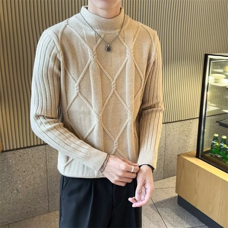 菱形格纯色长袖毛衣男潮牌冬季内搭针织衫男士韩版修身打底衫,男装T恤,星座506A