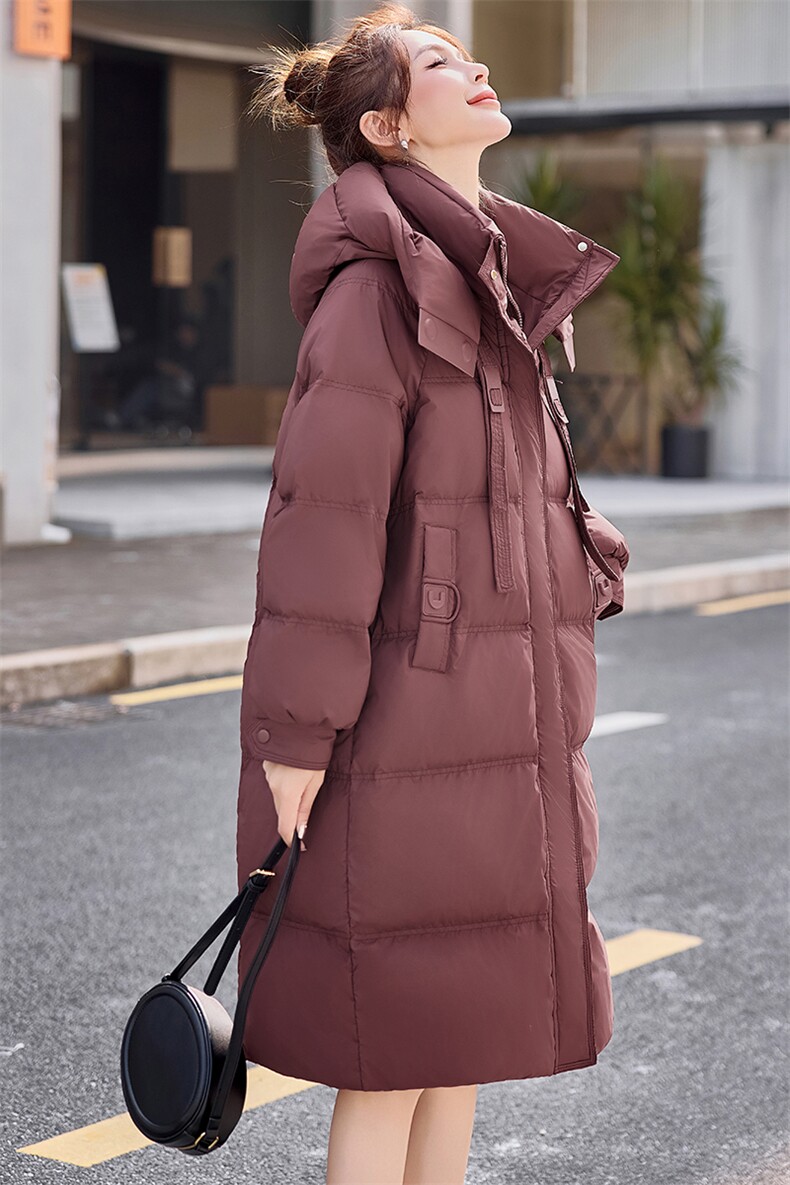 安可拉红2024年白鸭绒连帽羽绒服女冬季新款长款保暖外套,女装羽绒服,千千佰惠