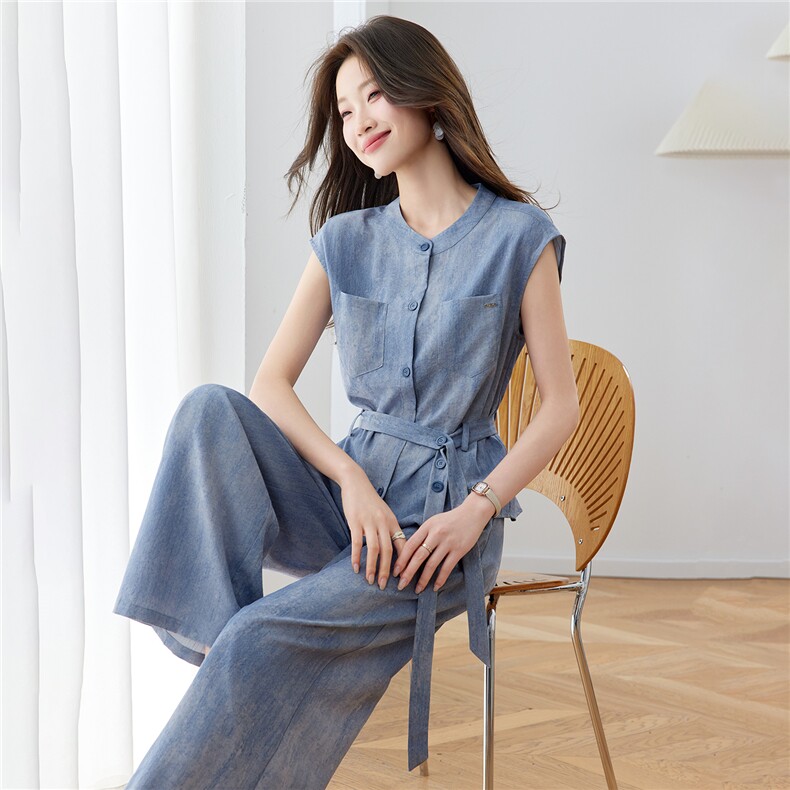 《现货26夏上新》松弛感圆领无袖收腰衬衫+直筒长裤两件套女，女装套装/套裙，苗苗