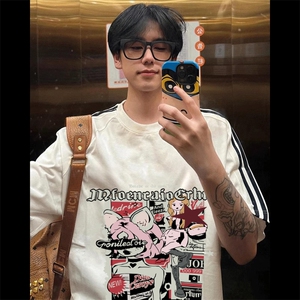 夏季美式高街重磅纯棉三条杠织带撞色男女短袖T恤STG306特P25图片