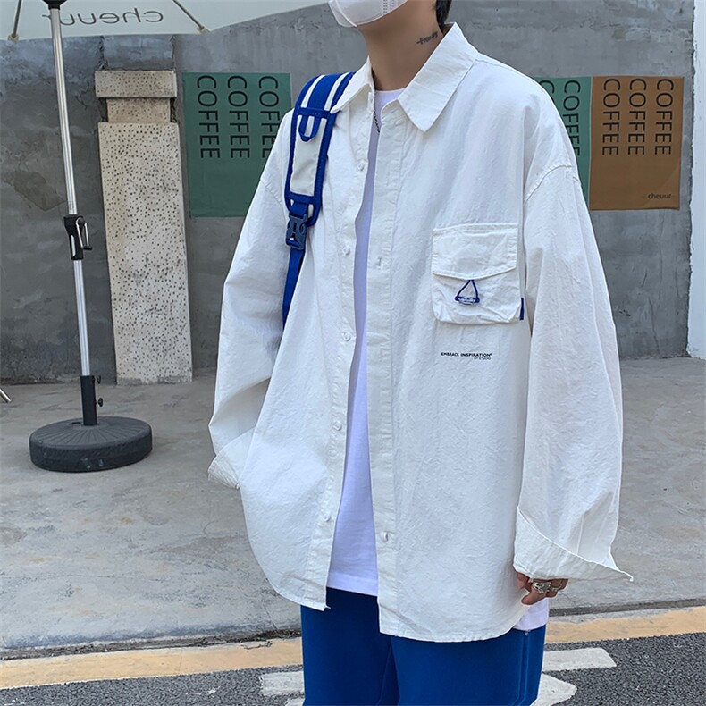 XZ213-CS006-P45控58 港风大码潮牌痞帅ins工装纯色长袖翻领衬衫图片