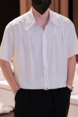 小伙立领纯色衬衫男休闲宽松风刺绣衬衣轻熟风A236-82573-P55，男装衬衫，电商A236