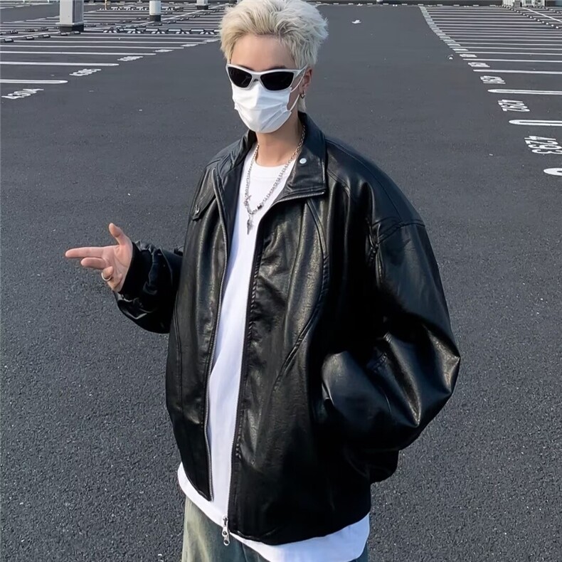 韩版垫肩立领皮衣短款夹克宽松显高机车服男女款休闲外套8510/P75图片