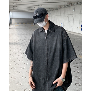 F305-P58 夏季新款潮牌拉链短袖衬衫渐变水洗做旧牛仔衬衣男 现货图片