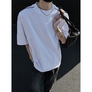 高品质二开240克宽松纯棉美式高街痞帅嵌线装饰短袖T恤 特P22图片