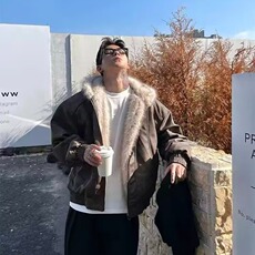 网图现货美式宽松连帽兔毛座山雕加厚PU皮棉服MY90/P115，男装棉衣，星座205-3