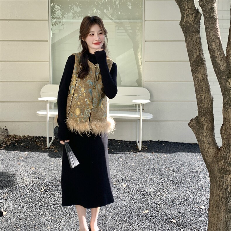 【大货】2026新中式风！加棉雪尼尔绒提花毛衣马甲两件套,女装套装/套裙,2C267