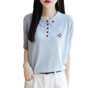 夏季莱赛尔天丝针织五分袖上衣女翻领刺绣纽扣短袖T恤宽松打底衫图片