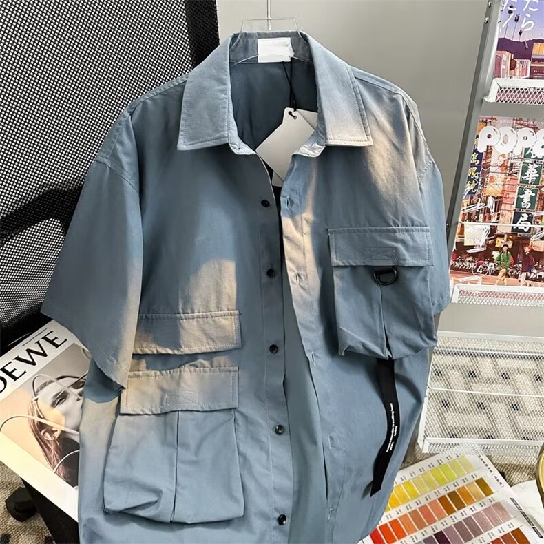 设计感日系工装短袖衬衫男夏潮流大码宽松口袋休闲半袖衬衣外套,男装衬衫,星座1013